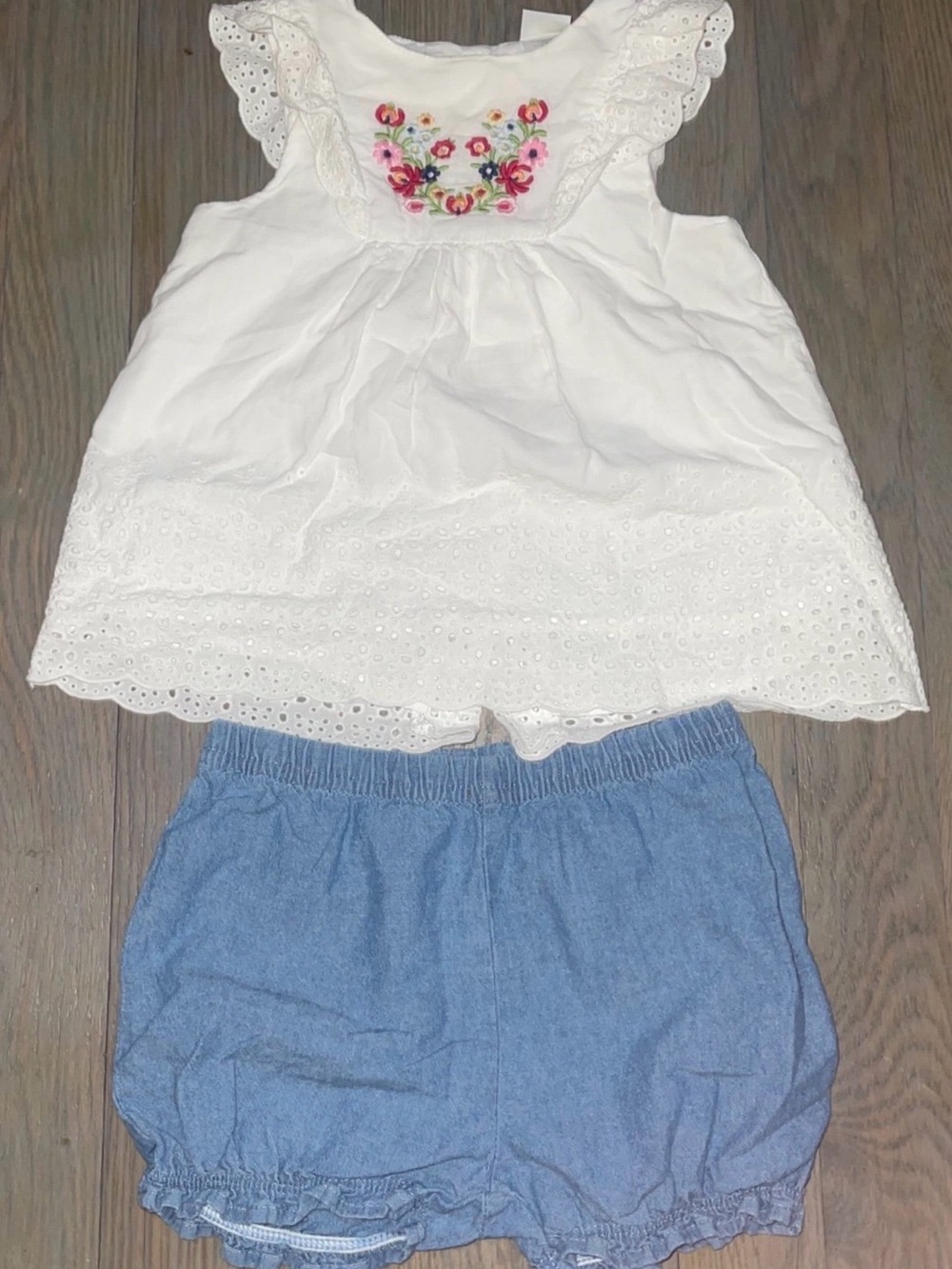 Little Me White Eyelet Top with Blue Chambray Shorts